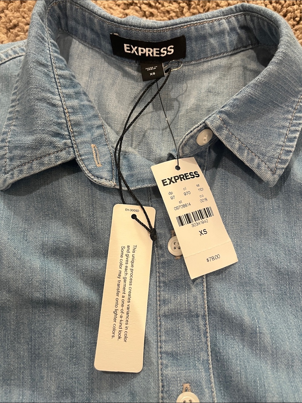 Express Light Blue Denim Button-Front Shirt - Picture 2 of 2